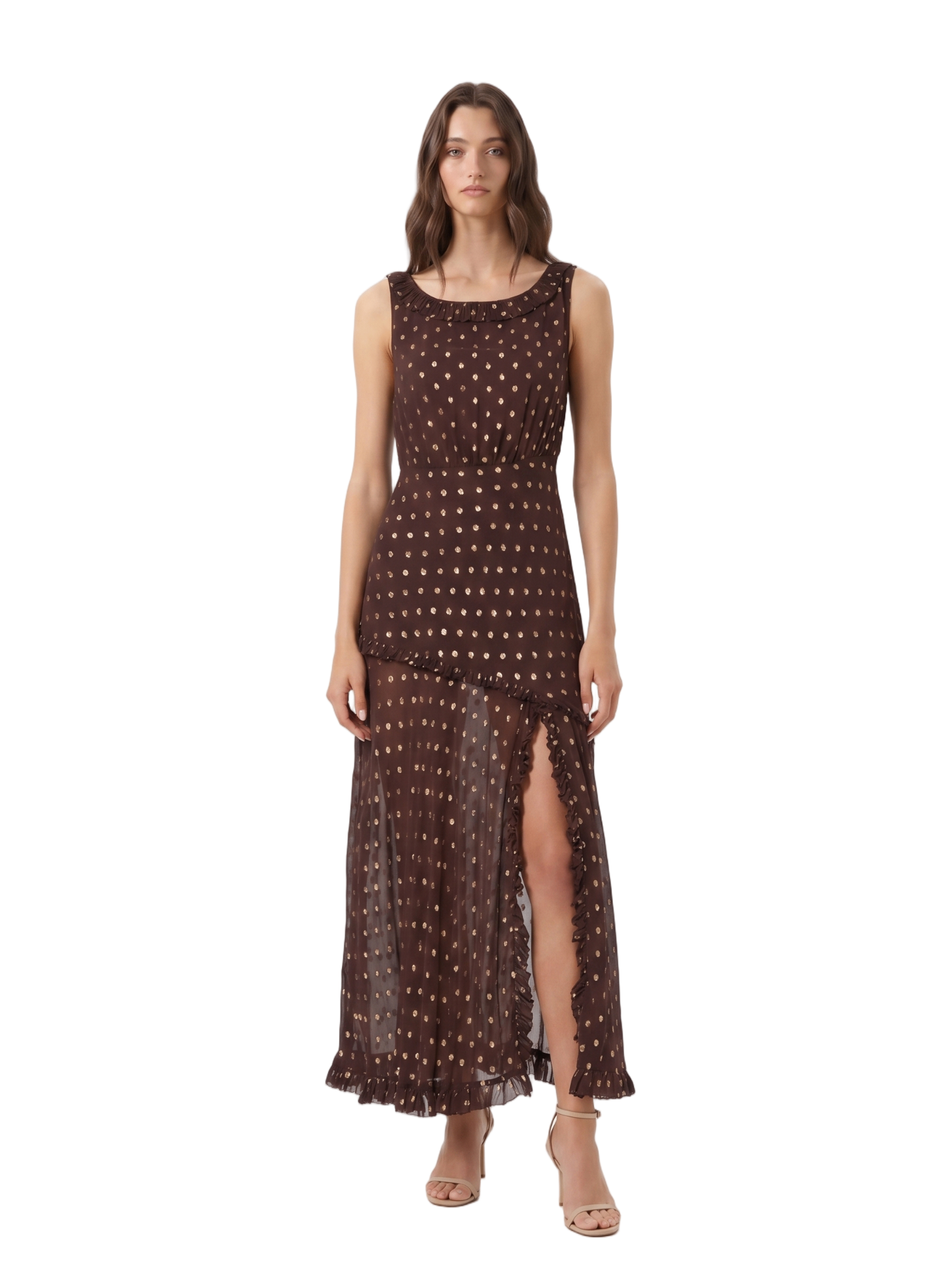 Rixo Barrette Asymmetric Tiered Metallic Fil Coupé Chiffon Midi Dress